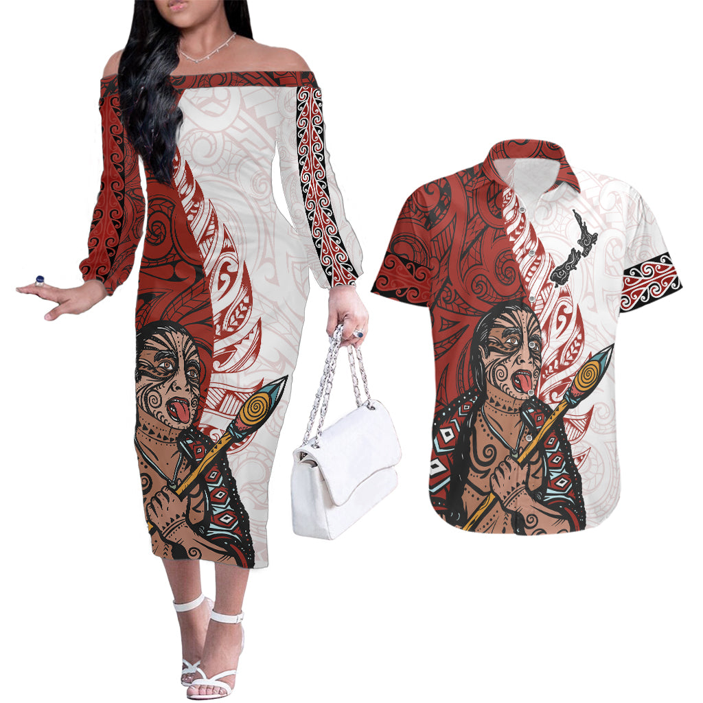 Maori Warrior Couples Matching Off The Shoulder Long Sleeve Dress and Hawaiian Shirt Silver Fern New Zealand Map With Kowhaiwhai Pattern LT03 Red - Polynesian Pride