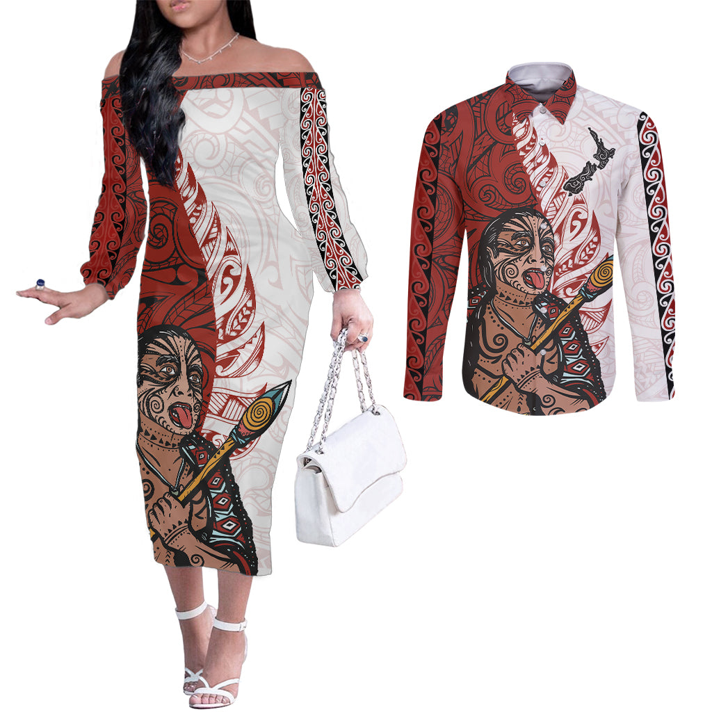 Maori Warrior Couples Matching Off The Shoulder Long Sleeve Dress and Long Sleeve Button Shirts Silver Fern New Zealand Map With Kowhaiwhai Pattern LT03 Red - Polynesian Pride