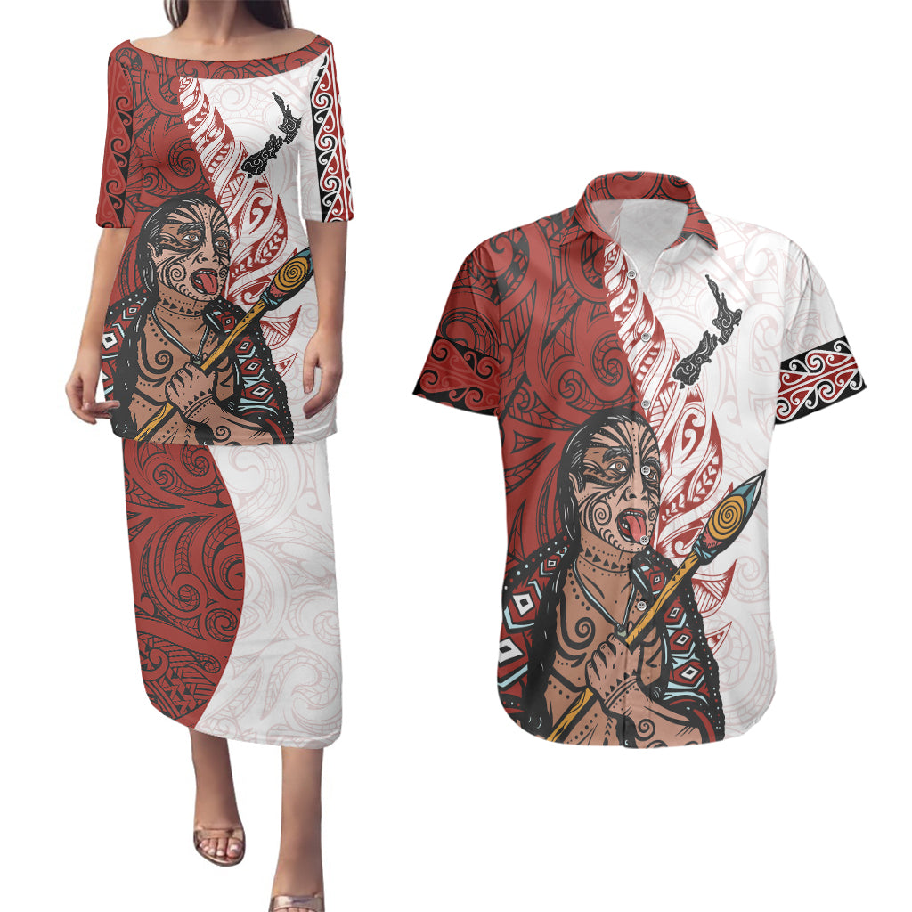 Maori Warrior Couples Matching Puletasi Dress and Hawaiian Shirt Silver Fern New Zealand Map With Kowhaiwhai Pattern LT03 Red - Polynesian Pride