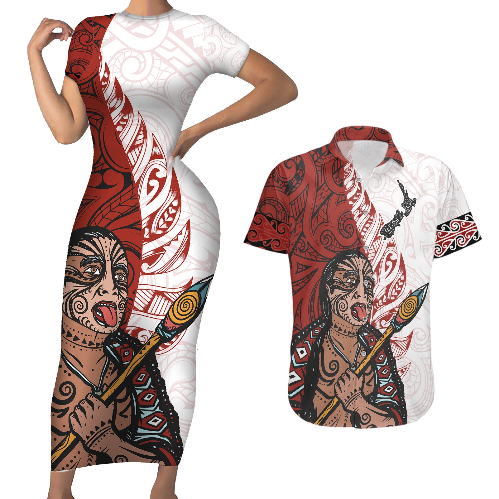 Maori Warrior Couples Matching Short Sleeve Bodycon Dress and Hawaiian Shirt Silver Fern New Zealand Map With Kowhaiwhai Pattern LT03 Red - Polynesian Pride