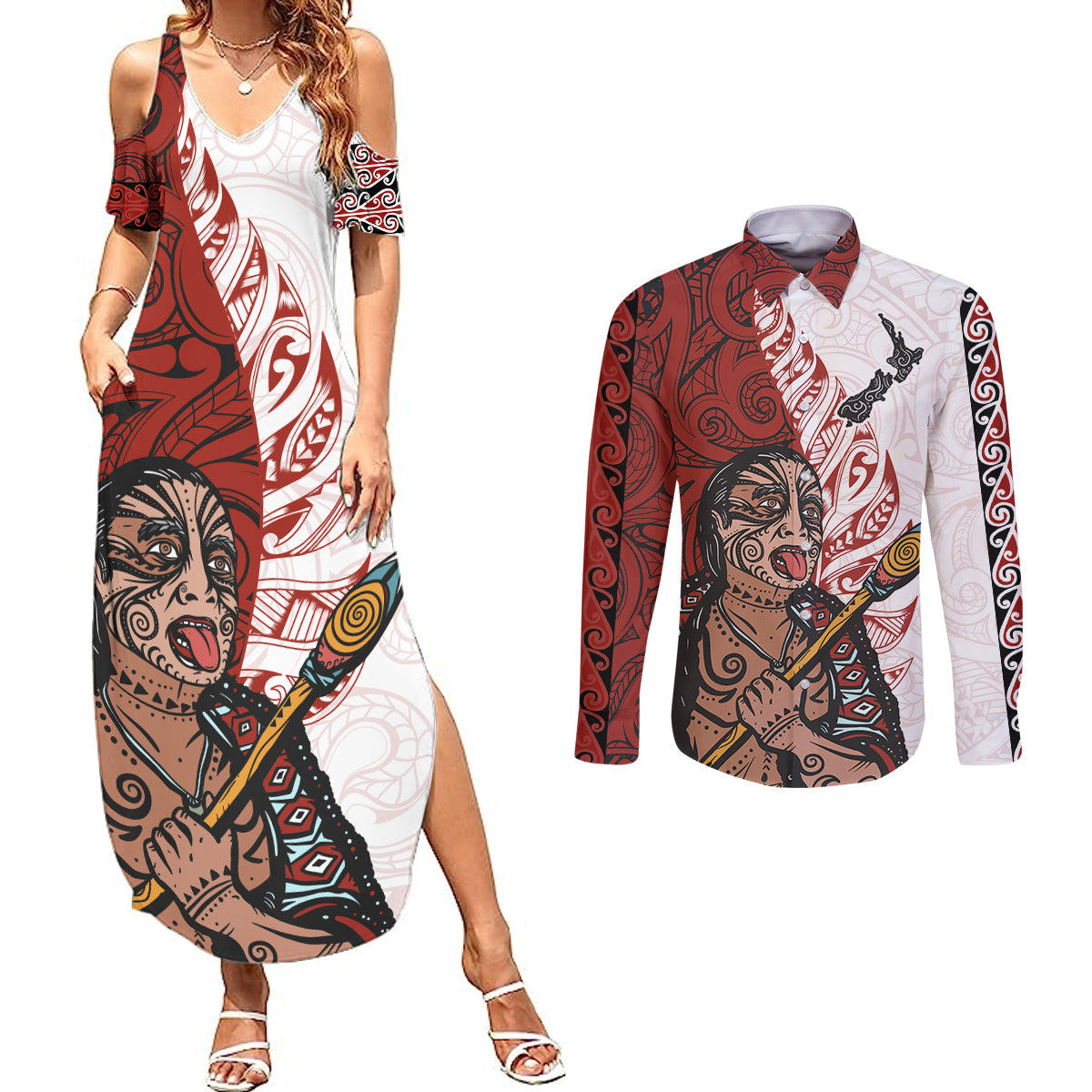 Maori Warrior Couples Matching Summer Maxi Dress and Long Sleeve Button Shirts Silver Fern New Zealand Map With Kowhaiwhai Pattern LT03 Red - Polynesian Pride