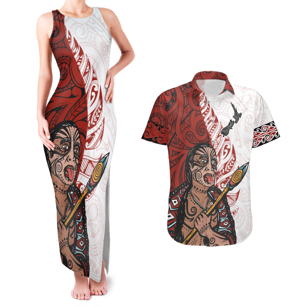 Maori Warrior Couples Matching Tank Maxi Dress and Hawaiian Shirt Silver Fern New Zealand Map With Kowhaiwhai Pattern LT03 Red - Polynesian Pride