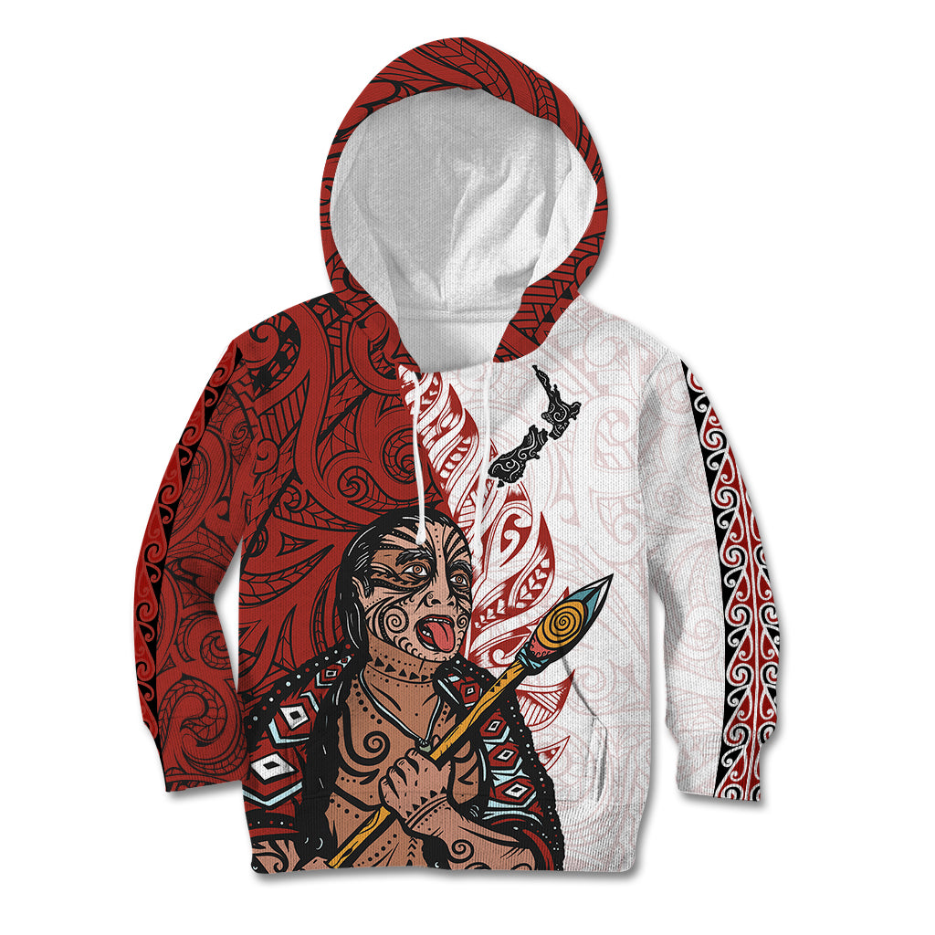 Maori Warrior Kid Hoodie Silver Fern New Zealand Map With Kowhaiwhai Pattern LT03 Hoodie Red - Polynesian Pride