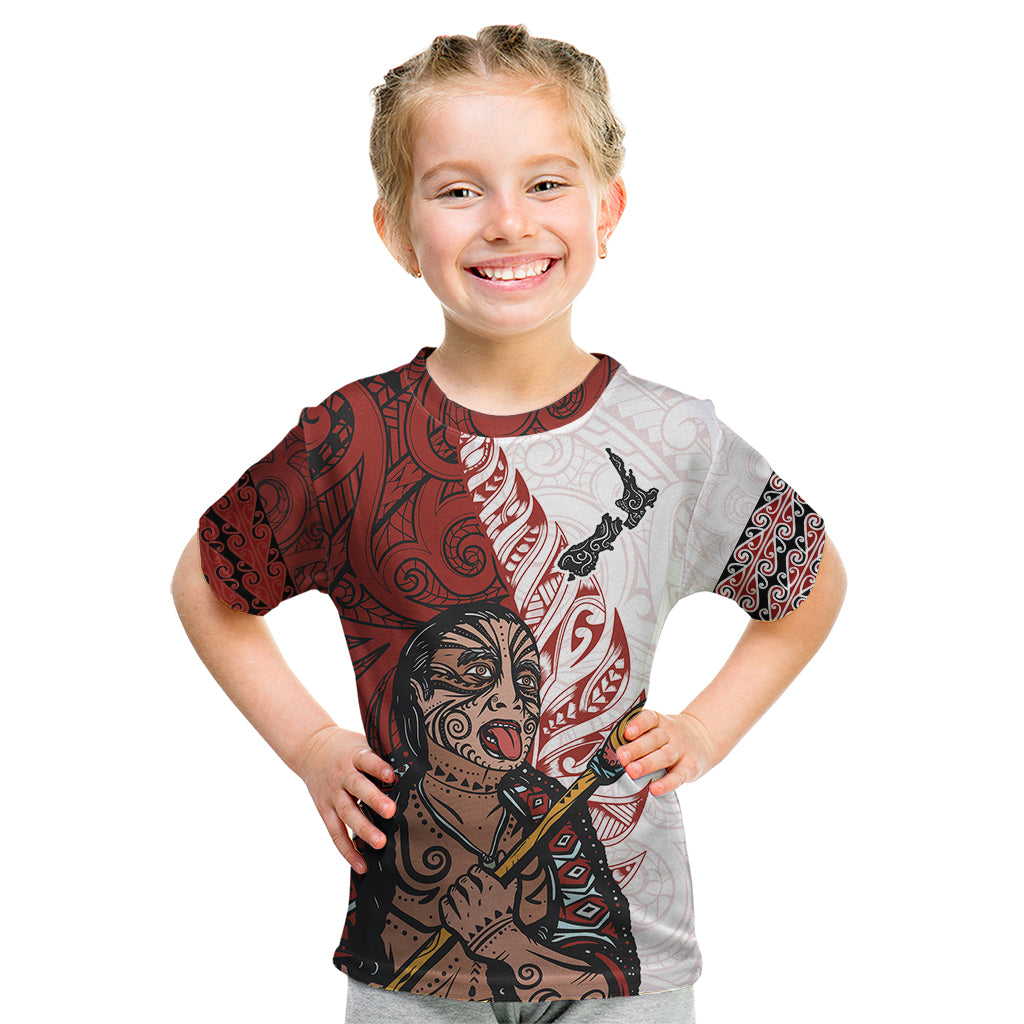 Maori Warrior Kid T Shirt Silver Fern New Zealand Map With Kowhaiwhai Pattern LT03 Red - Polynesian Pride