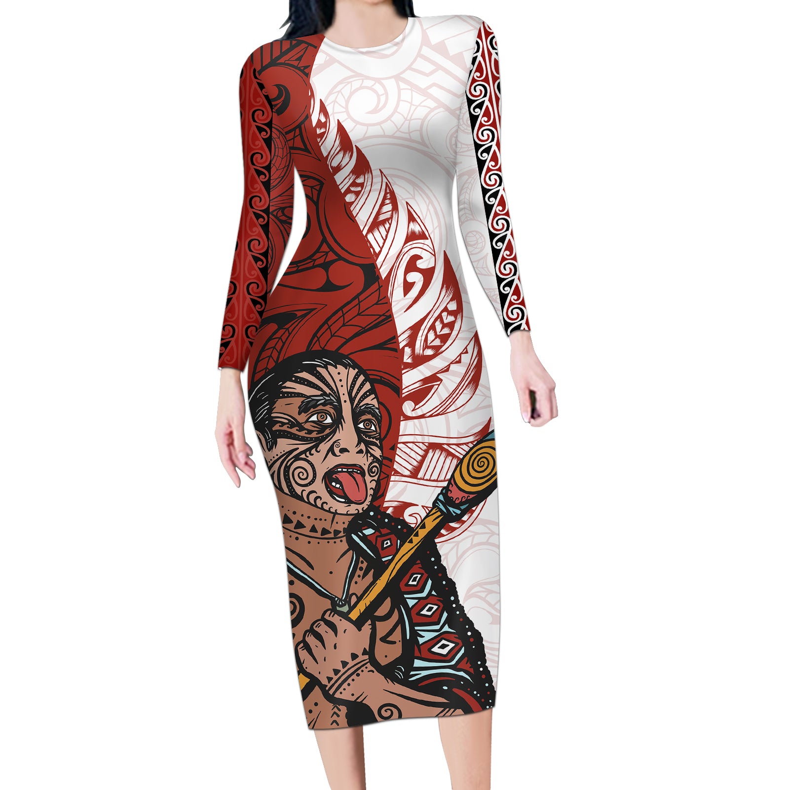 Maori Warrior Long Sleeve Bodycon Dress Silver Fern New Zealand Map With Kowhaiwhai Pattern LT03 Long Dress Red - Polynesian Pride