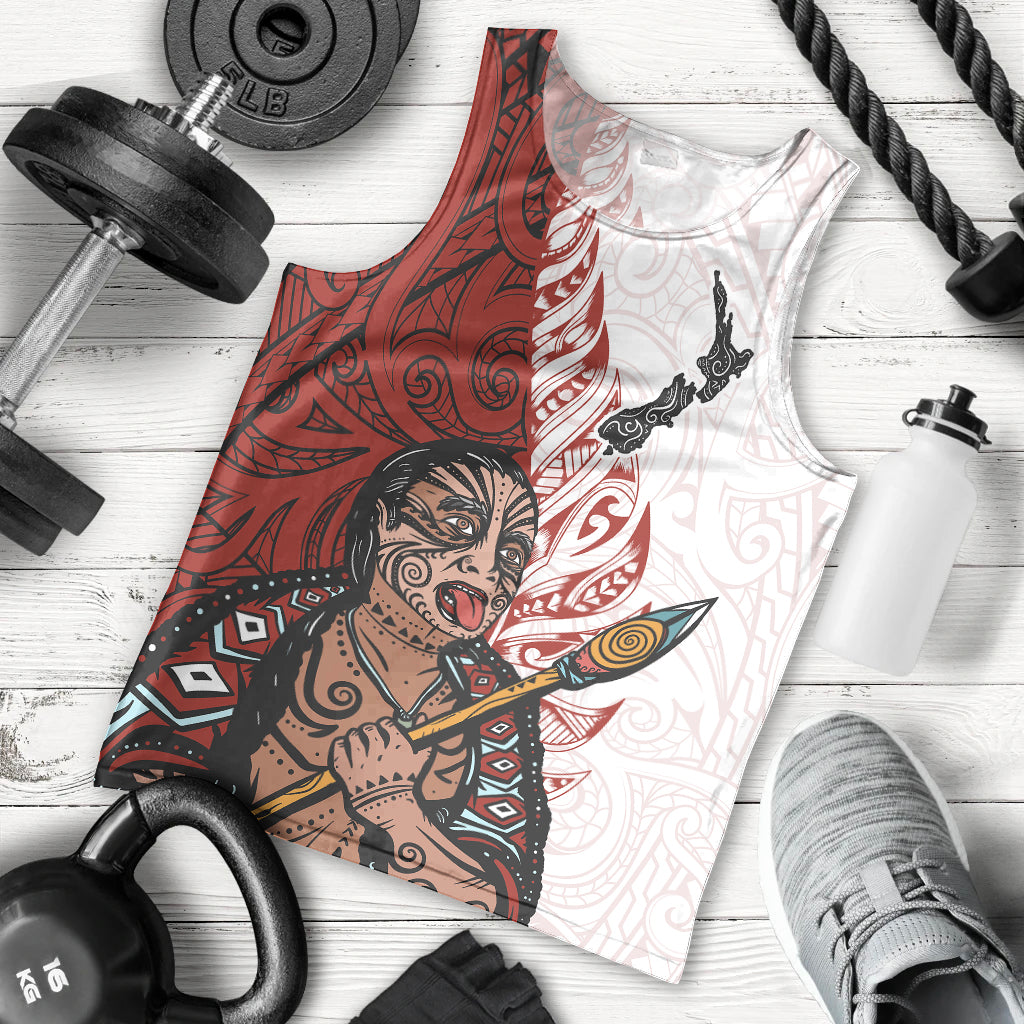 Maori Warrior Men Tank Top Silver Fern New Zealand Map With Kowhaiwhai Pattern LT03 Red - Polynesian Pride