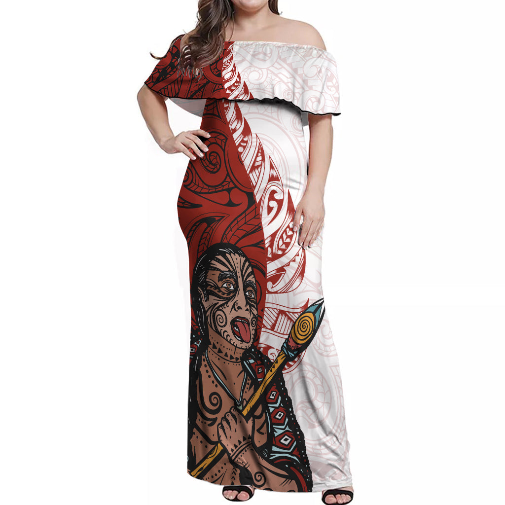 Maori Warrior Off Shoulder Maxi Dress Silver Fern New Zealand Map With Kowhaiwhai Pattern LT03 Women Red - Polynesian Pride