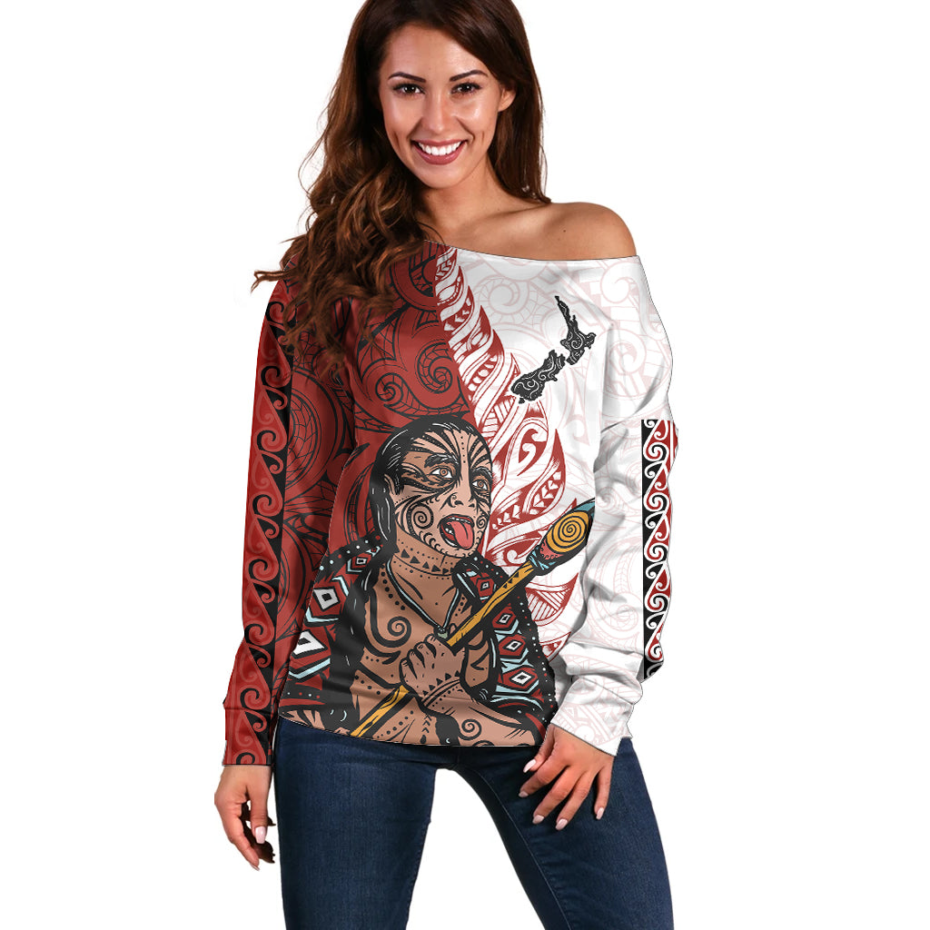 Maori Warrior Off Shoulder Sweater Silver Fern New Zealand Map With Kowhaiwhai Pattern LT03 Women Red - Polynesian Pride