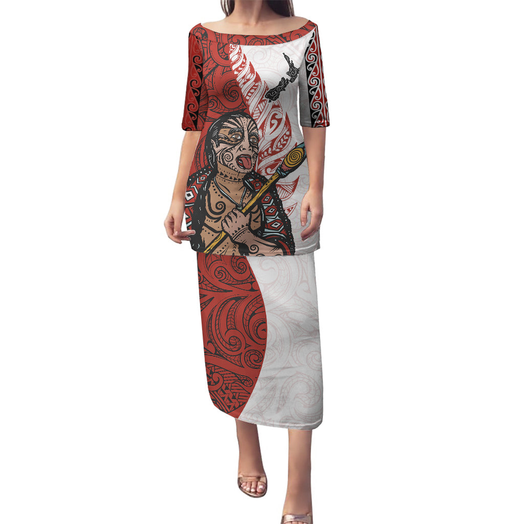 Maori Warrior Puletasi Silver Fern New Zealand Map With Kowhaiwhai Pattern LT03 Long Dress Red - Polynesian Pride