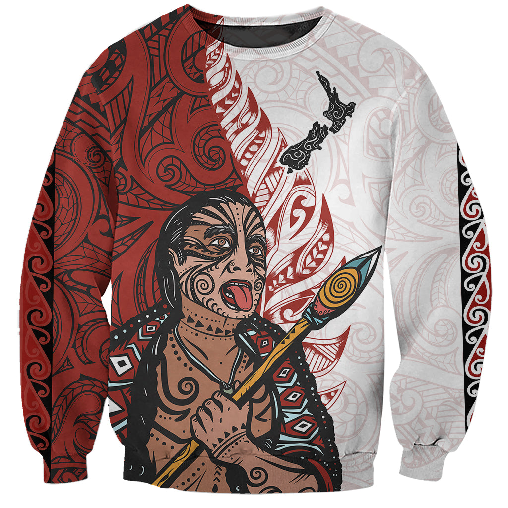 Maori Warrior Sweatshirt Silver Fern New Zealand Map With Kowhaiwhai Pattern LT03 Unisex Red - Polynesian Pride