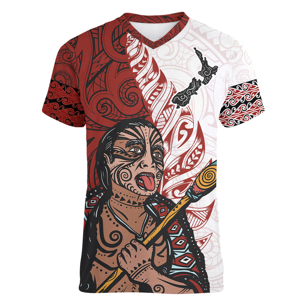 Maori Warrior Women V Neck T Shirt Silver Fern New Zealand Map With Kowhaiwhai Pattern LT03 Female Red - Polynesian Pride