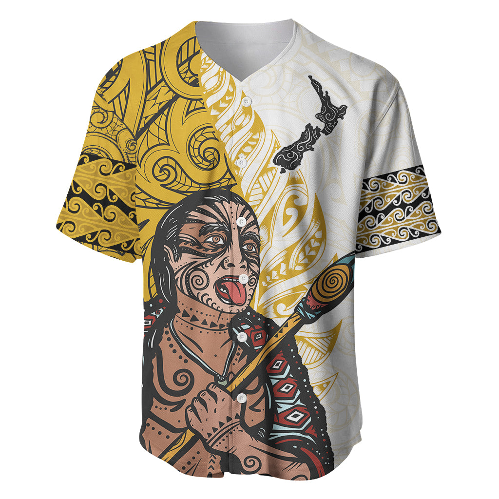 Maori Warrior Baseball Jersey Silver Fern New Zealand Map With Kowhaiwhai Pattern LT03 Gold - Polynesian Pride