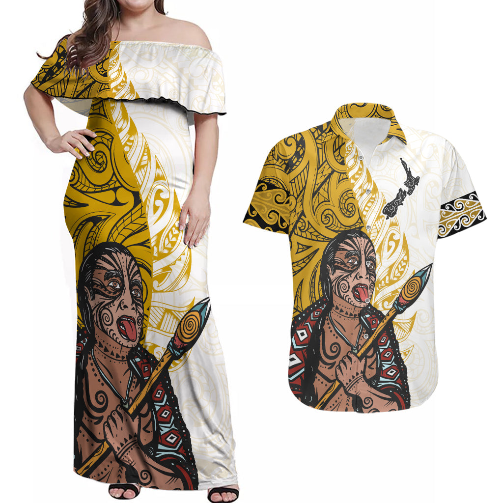 Maori Warrior Couples Matching Off Shoulder Maxi Dress and Hawaiian Shirt Silver Fern New Zealand Map With Kowhaiwhai Pattern LT03 Gold - Polynesian Pride