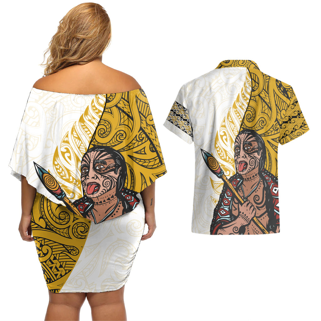 Maori Warrior Couples Matching Off Shoulder Short Dress and Hawaiian Shirt Silver Fern New Zealand Map With Kowhaiwhai Pattern LT03 - Polynesian Pride