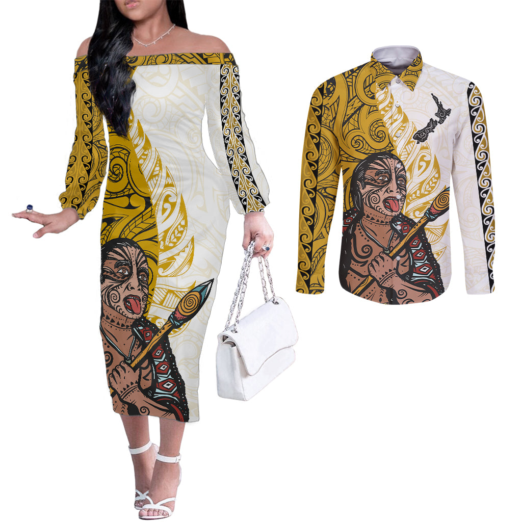 Maori Warrior Couples Matching Off The Shoulder Long Sleeve Dress and Long Sleeve Button Shirts Silver Fern New Zealand Map With Kowhaiwhai Pattern LT03 Gold - Polynesian Pride