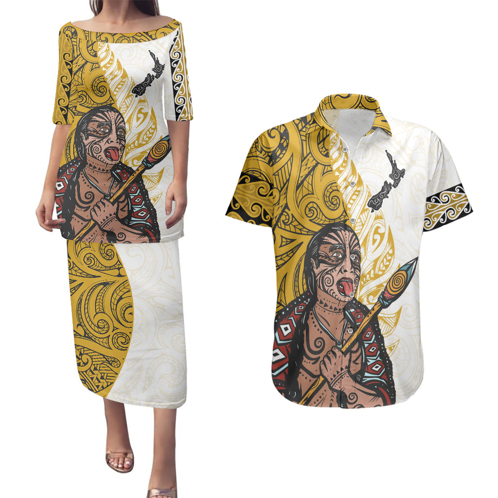 Maori Warrior Couples Matching Puletasi Dress and Hawaiian Shirt Silver Fern New Zealand Map With Kowhaiwhai Pattern LT03 Gold - Polynesian Pride