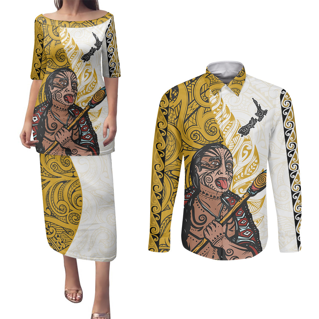 Maori Warrior Couples Matching Puletasi Dress and Long Sleeve Button Shirts Silver Fern New Zealand Map With Kowhaiwhai Pattern LT03 Gold - Polynesian Pride