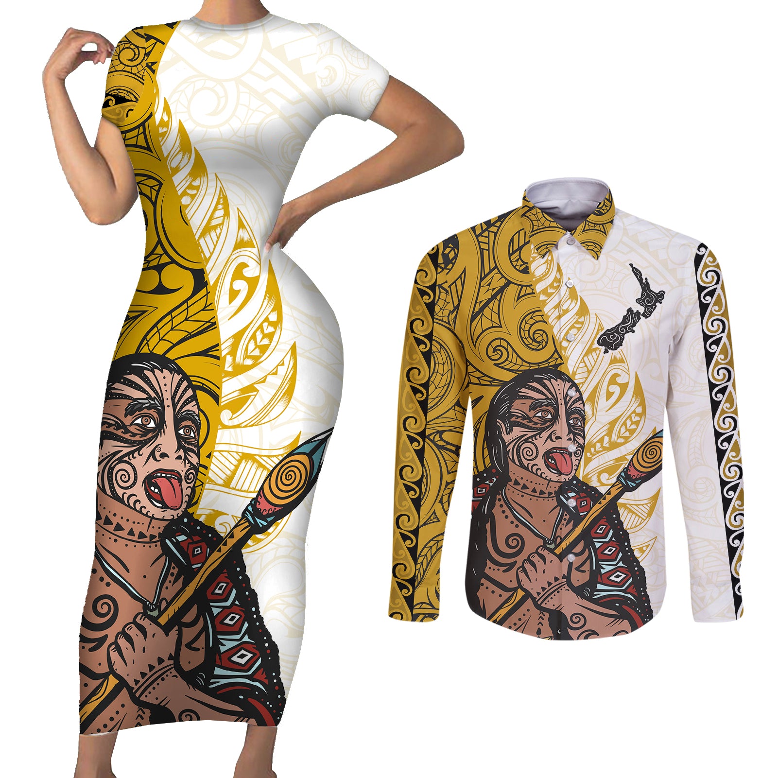 Maori Warrior Couples Matching Short Sleeve Bodycon Dress and Long Sleeve Button Shirts Silver Fern New Zealand Map With Kowhaiwhai Pattern LT03 Gold - Polynesian Pride