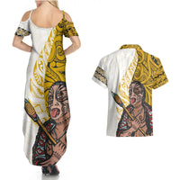 Maori Warrior Couples Matching Summer Maxi Dress and Hawaiian Shirt Silver Fern New Zealand Map With Kowhaiwhai Pattern LT03 - Polynesian Pride
