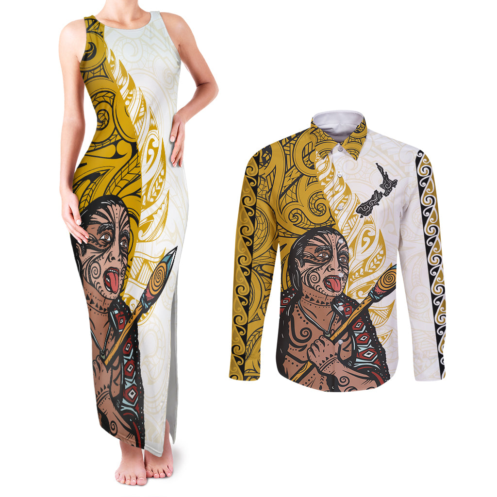 Maori Warrior Couples Matching Tank Maxi Dress and Long Sleeve Button Shirts Silver Fern New Zealand Map With Kowhaiwhai Pattern LT03 Gold - Polynesian Pride