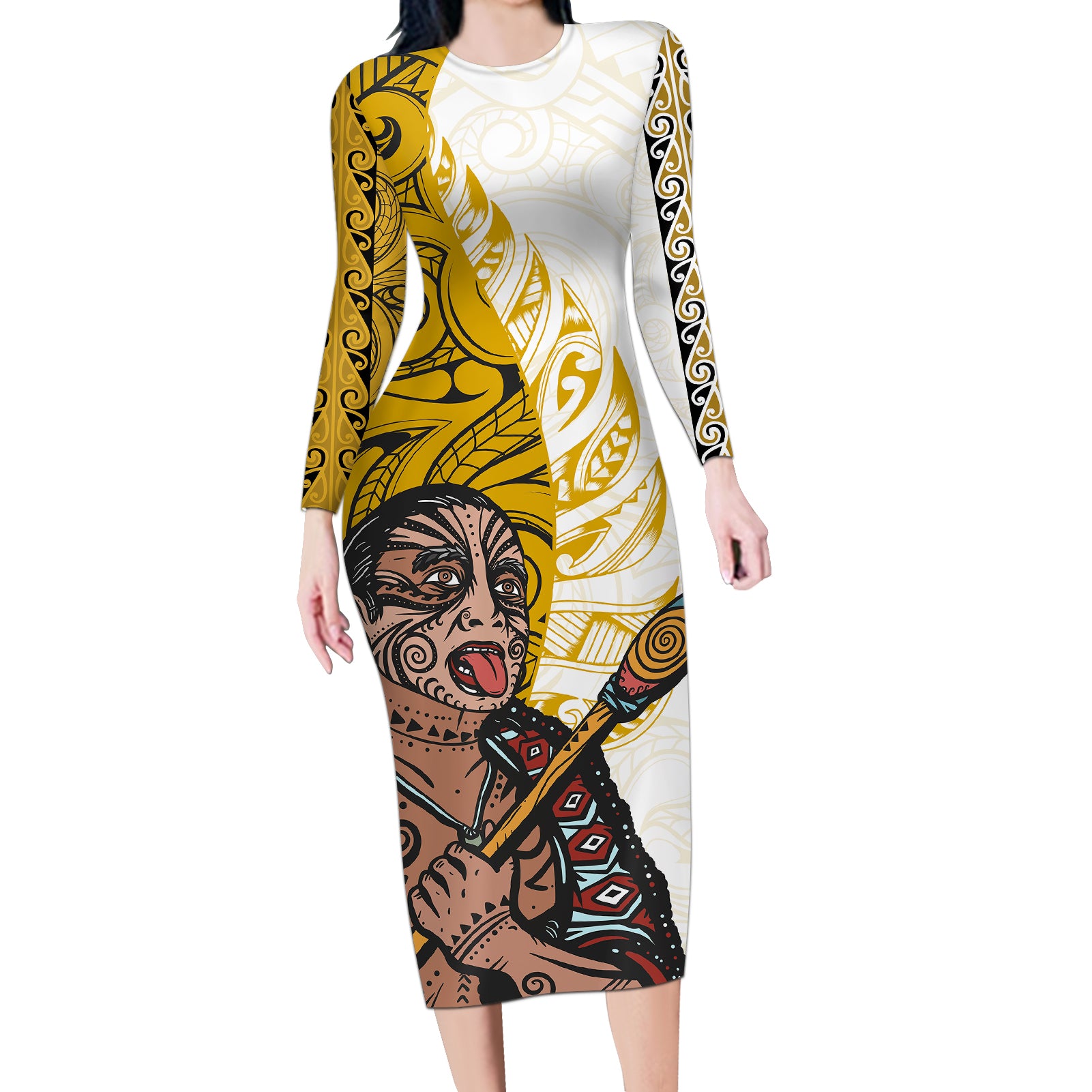 Maori Warrior Long Sleeve Bodycon Dress Silver Fern New Zealand Map With Kowhaiwhai Pattern LT03 Long Dress Gold - Polynesian Pride