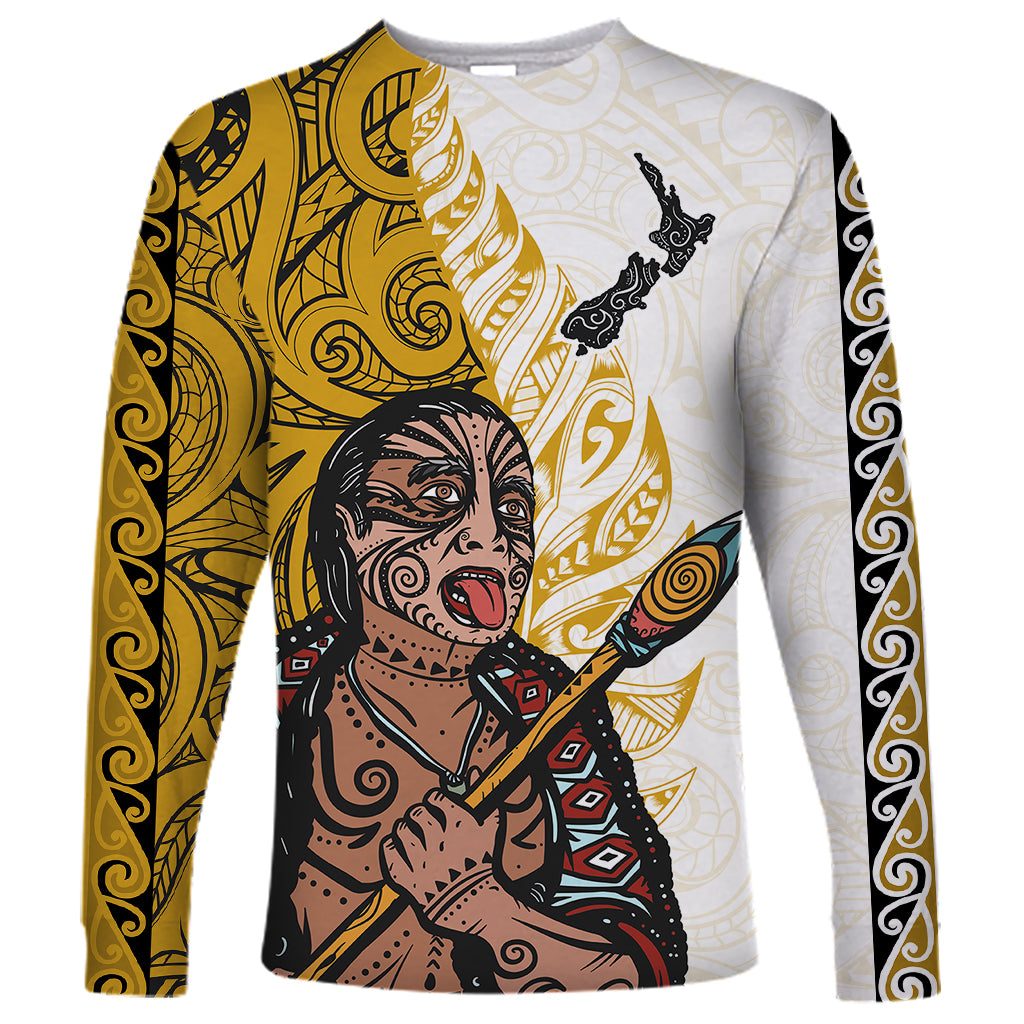 Maori Warrior Long Sleeve Shirt Silver Fern New Zealand Map With Kowhaiwhai Pattern LT03 Unisex Gold - Polynesian Pride