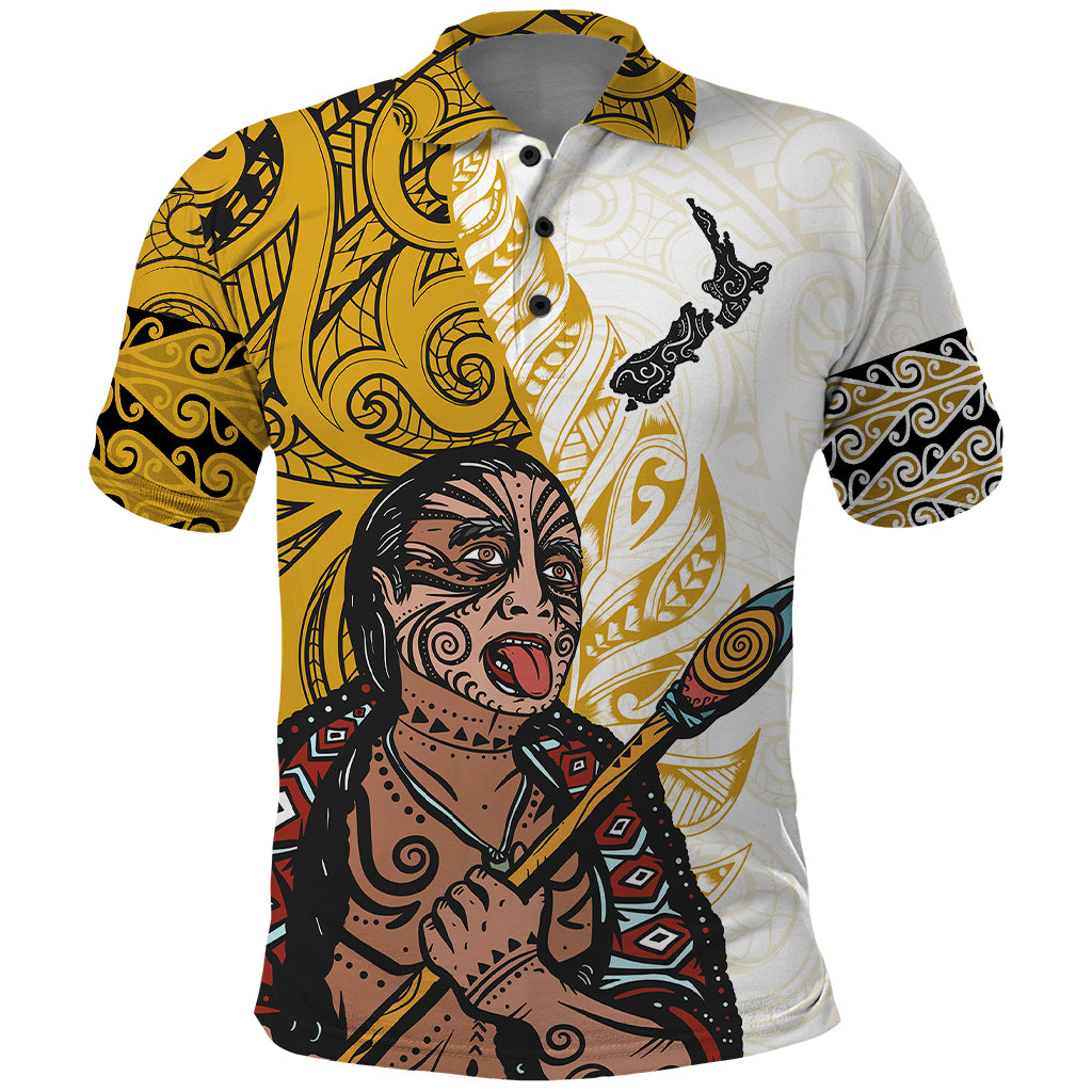 Maori Warrior Polo Shirt Silver Fern New Zealand Map With Kowhaiwhai Pattern LT03 Gold - Polynesian Pride