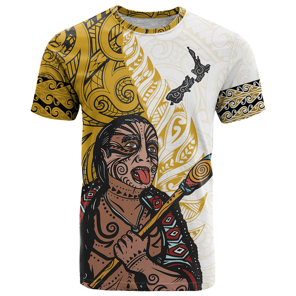 Maori Warrior T Shirt Silver Fern New Zealand Map With Kowhaiwhai Pattern LT03 Gold - Polynesian Pride