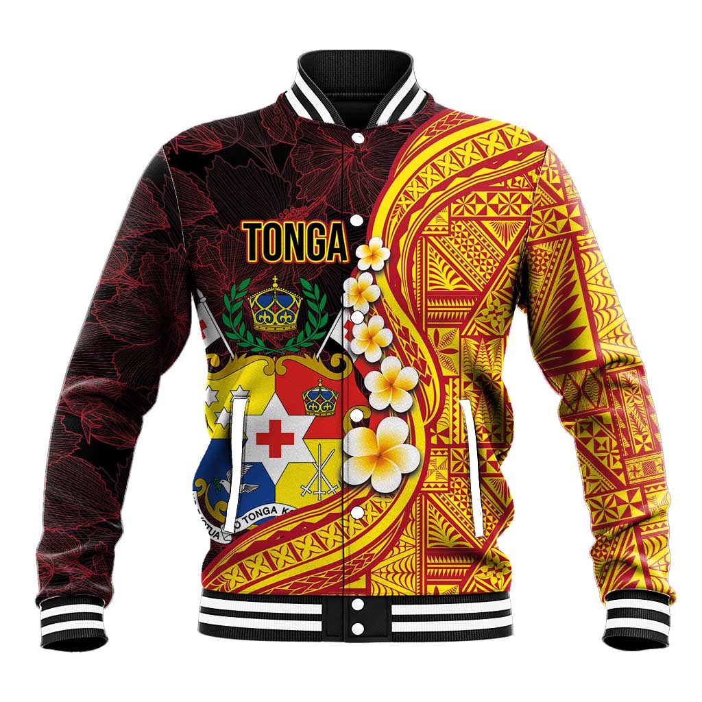Tonga Culture Baseball Jacket Ngatu Pattern with Plumeria and Hibiscus LT03 Unisex Black - Polynesian Pride