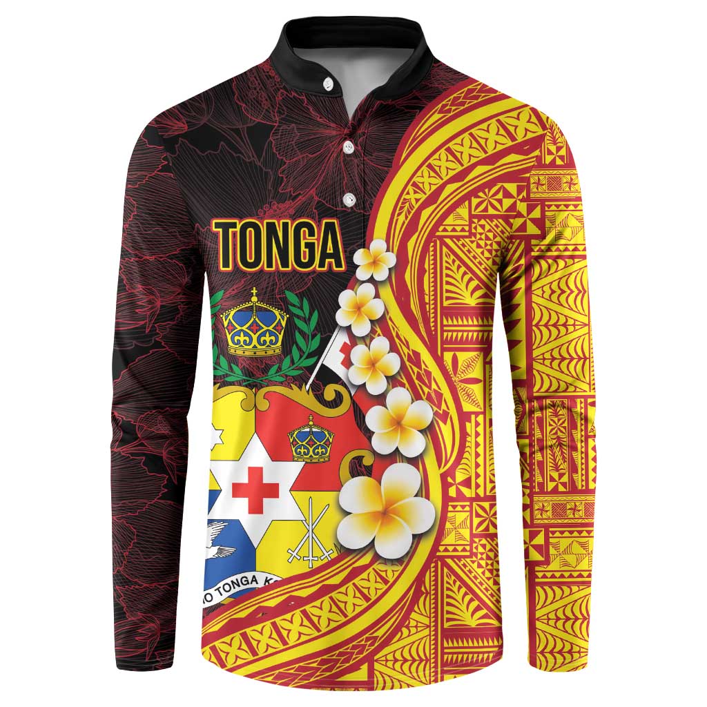 Tonga Culture Button Sweatshirt Ngatu Pattern with Plumeria and Hibiscus LT03 Black - Polynesian Pride
