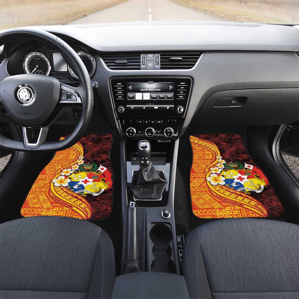 Tonga Culture Car Mats Ngatu Pattern with Plumeria and Hibiscus LT03 Set 2pcs - Front Black - Polynesian Pride