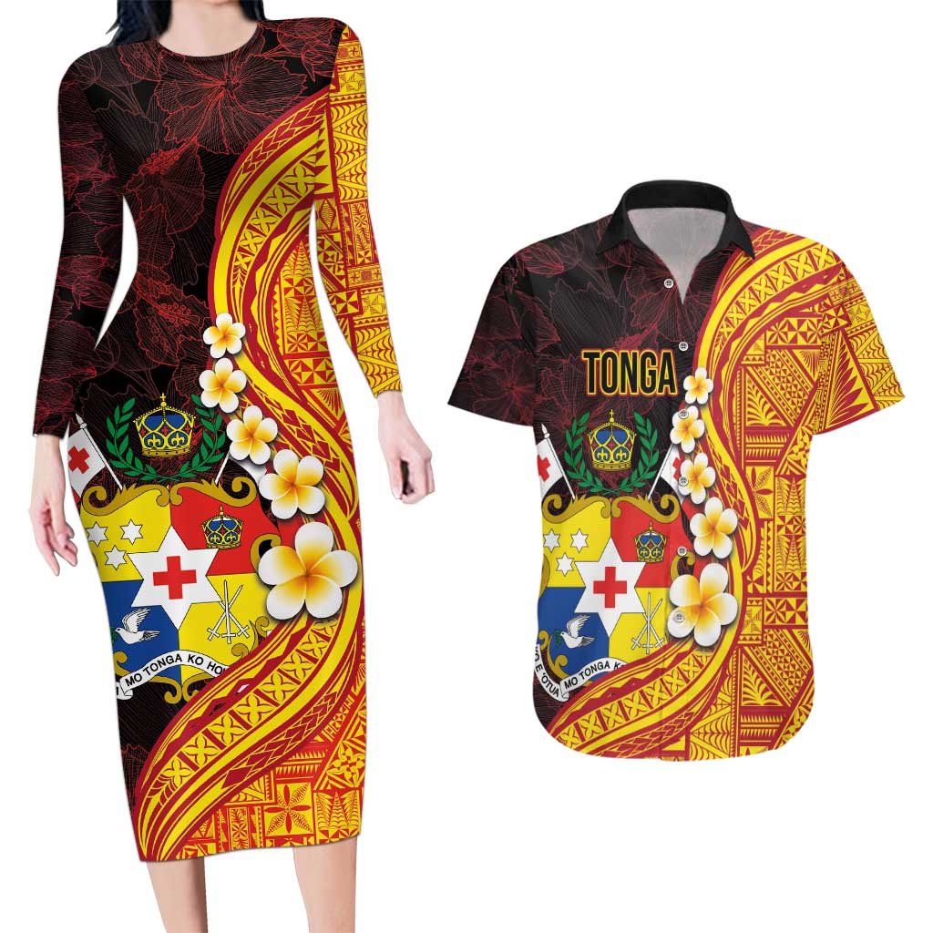 Tonga Culture Couples Matching Long Sleeve Bodycon Dress and Hawaiian Shirt Ngatu Pattern with Plumeria and Hibiscus