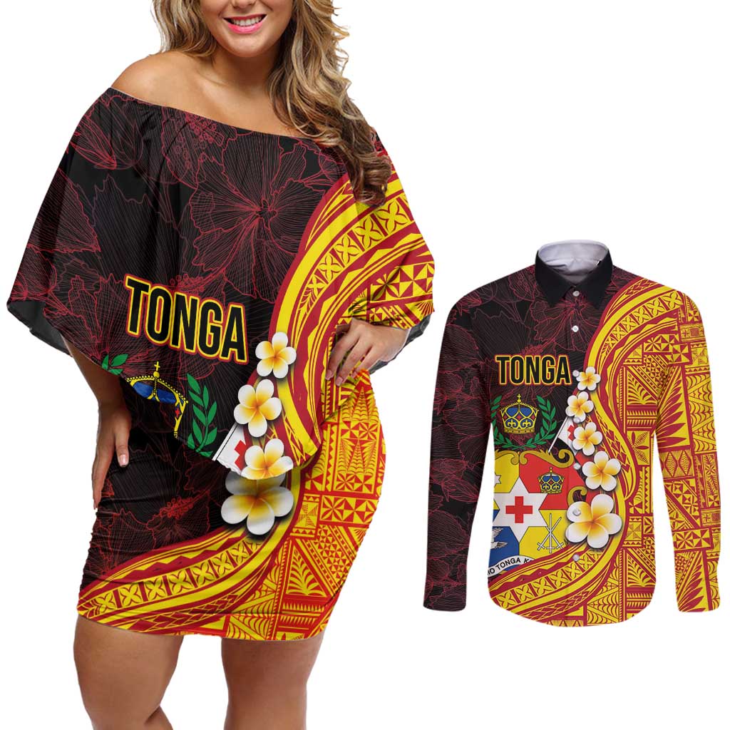 Tonga Culture Couples Matching Off Shoulder Short Dress and Long Sleeve Button Shirt Ngatu Pattern with Plumeria and Hibiscus