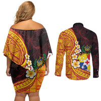 Tonga Culture Couples Matching Off Shoulder Short Dress and Long Sleeve Button Shirt Ngatu Pattern with Plumeria and Hibiscus