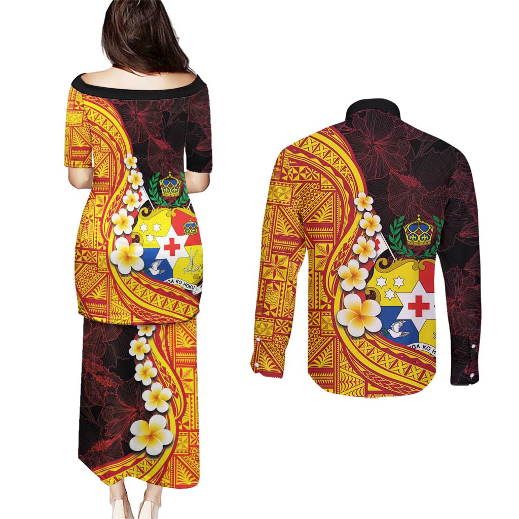 Tonga Culture Couples Matching Puletasi and Long Sleeve Button Shirt Ngatu Pattern with Plumeria and Hibiscus LT03 - Polynesian Pride