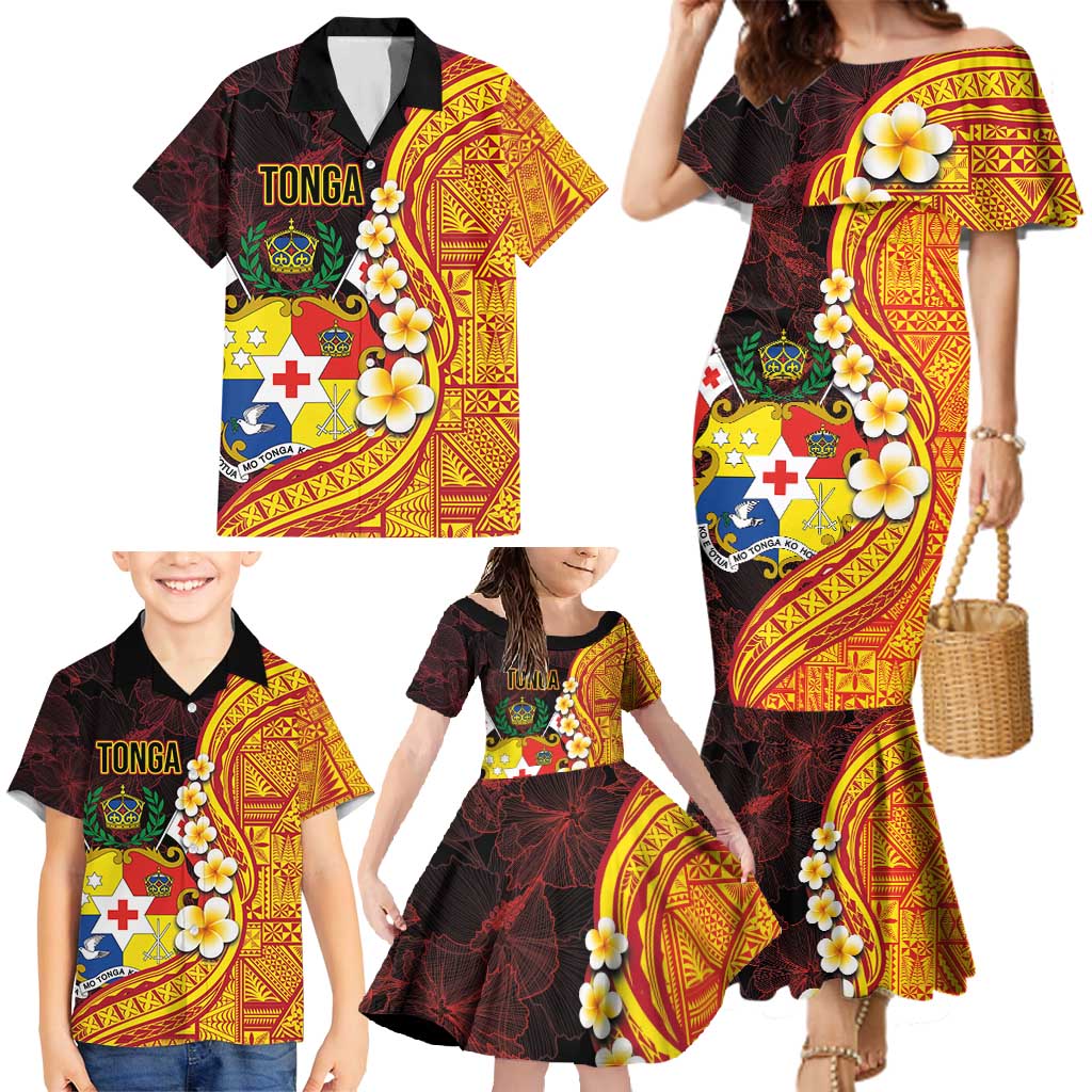 Tonga Culture Family Matching Mermaid Dress and Hawaiian Shirt Ngatu Pattern with Plumeria and Hibiscus