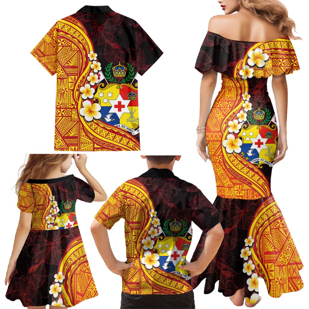Tonga Culture Family Matching Mermaid Dress and Hawaiian Shirt Ngatu Pattern with Plumeria and Hibiscus