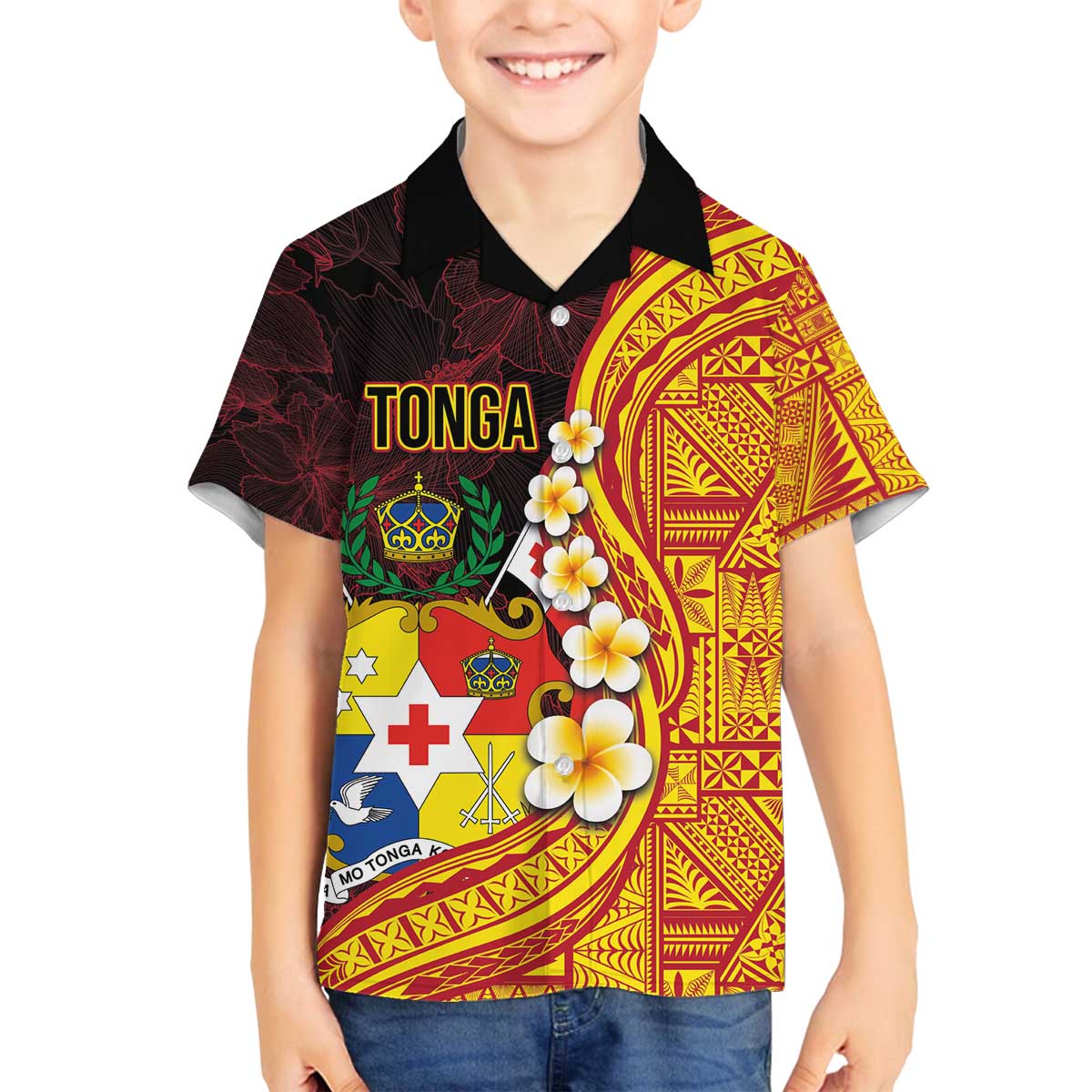 Tonga Culture Family Matching Puletasi and Hawaiian Shirt Ngatu Pattern with Plumeria and Hibiscus