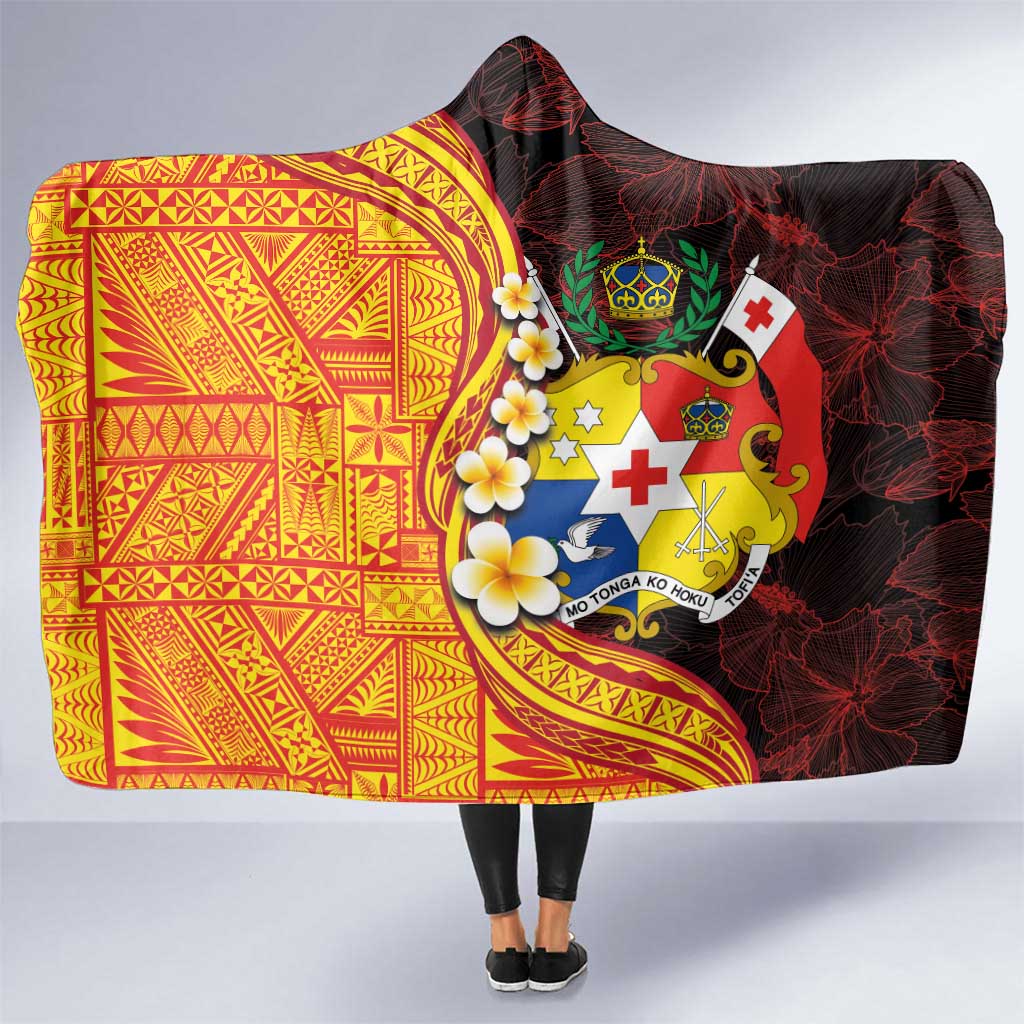 Tonga Culture Hooded Blanket Ngatu Pattern with Plumeria and Hibiscus LT03 One Size Black - Polynesian Pride