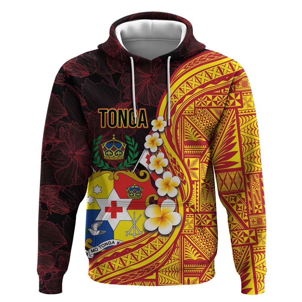 Tonga Culture Hoodie Ngatu Pattern with Plumeria and Hibiscus LT03 Pullover Hoodie Black - Polynesian Pride