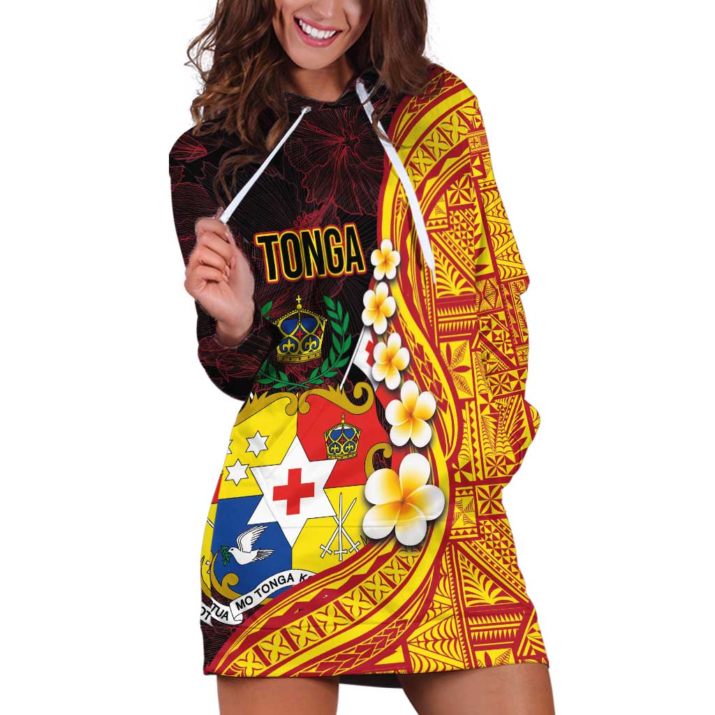 Tonga Culture Hoodie Dress Ngatu Pattern with Plumeria and Hibiscus LT03 Black - Polynesian Pride
