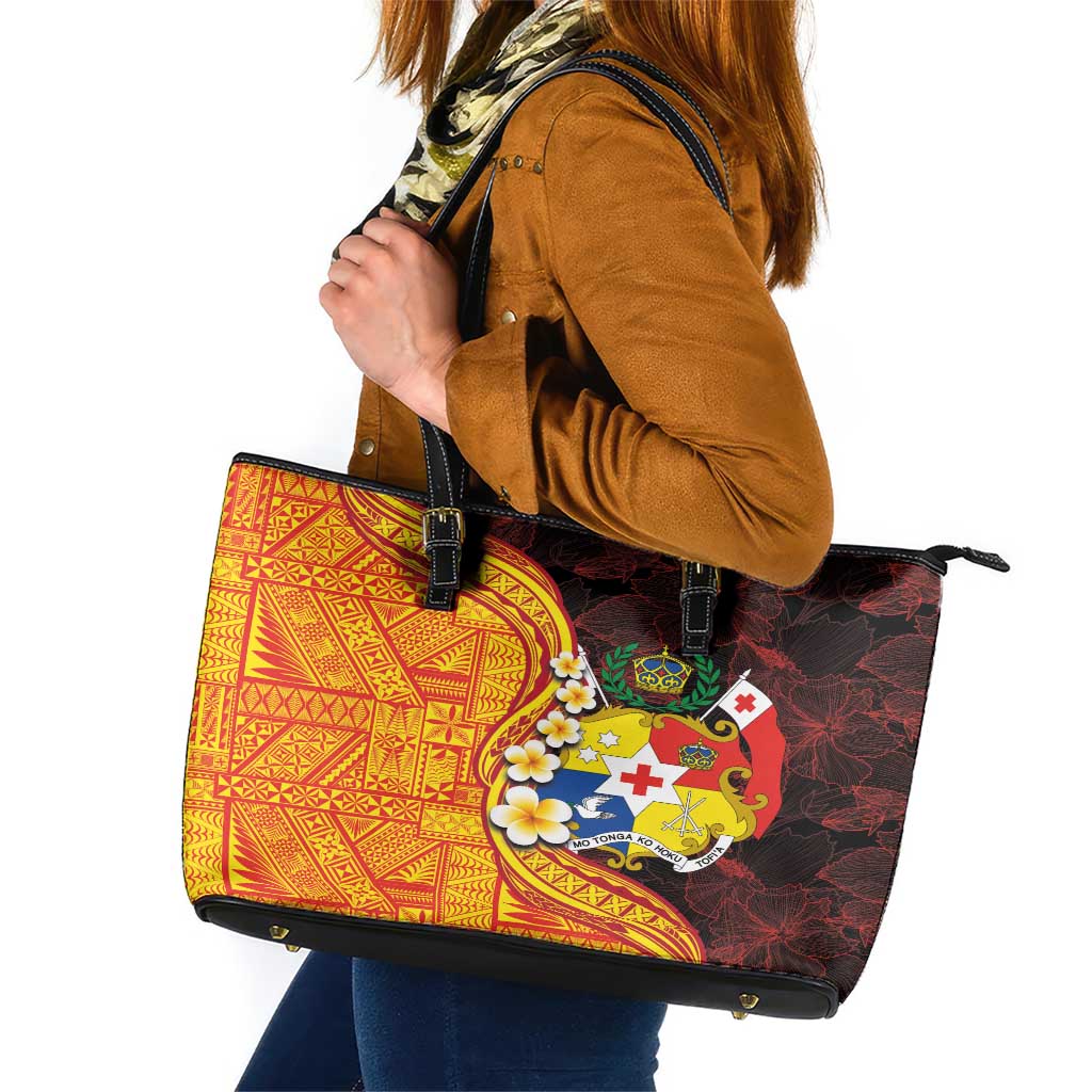 Tonga Culture Leather Tote Bag Ngatu Pattern with Plumeria and Hibiscus LT03 Black - Polynesian Pride