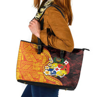 Tonga Culture Leather Tote Bag Ngatu Pattern with Plumeria and Hibiscus LT03 Black - Polynesian Pride