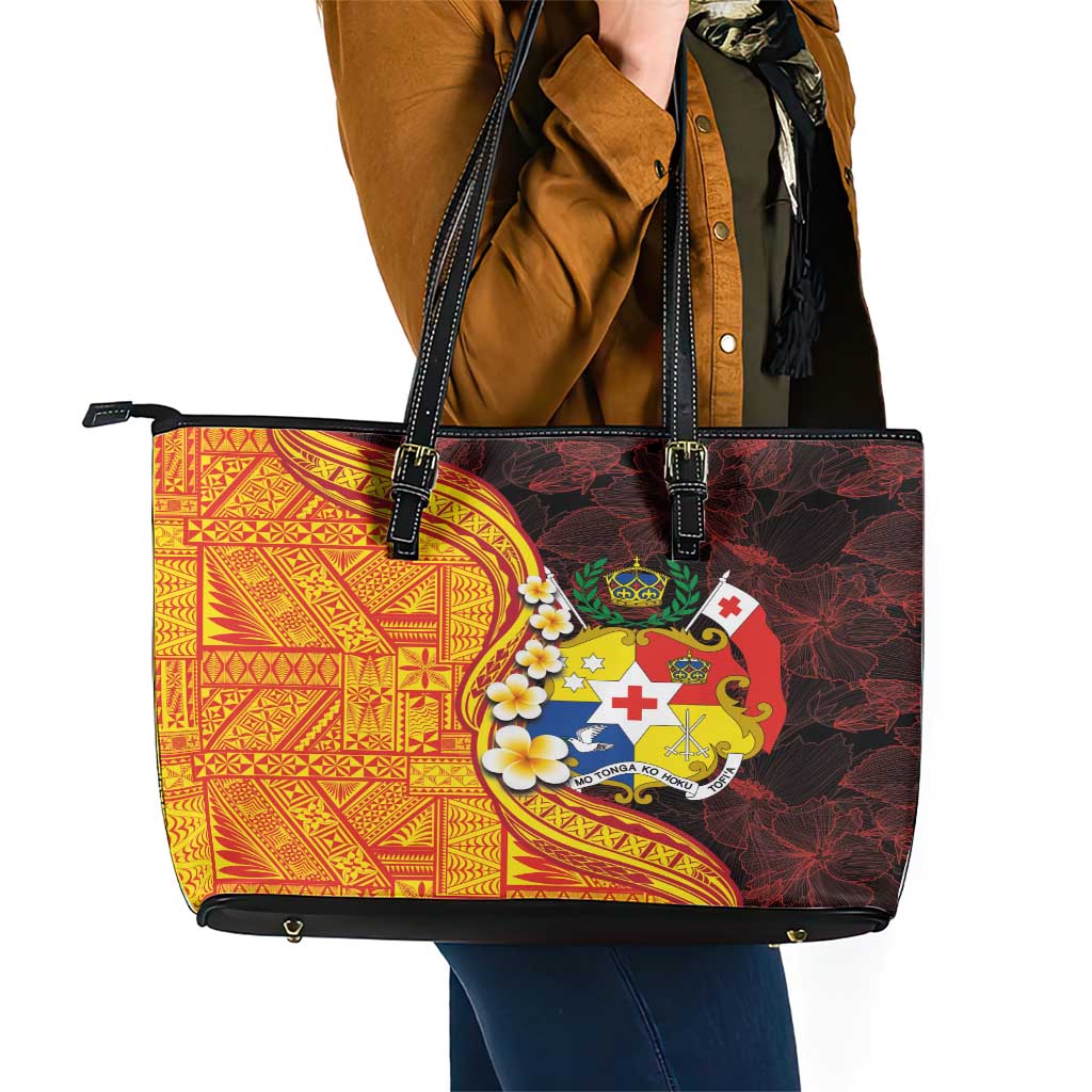 Tonga Culture Leather Tote Bag Ngatu Pattern with Plumeria and Hibiscus LT03 - Polynesian Pride