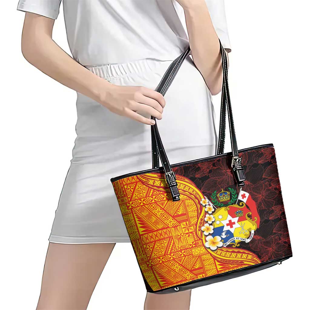Tonga Culture Leather Tote Bag Ngatu Pattern with Plumeria and Hibiscus LT03 - Polynesian Pride