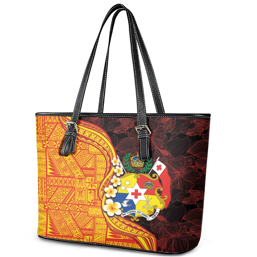 Tonga Culture Leather Tote Bag Ngatu Pattern with Plumeria and Hibiscus LT03 - Polynesian Pride