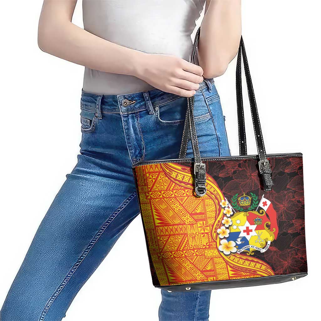 Tonga Culture Leather Tote Bag Ngatu Pattern with Plumeria and Hibiscus LT03 - Polynesian Pride
