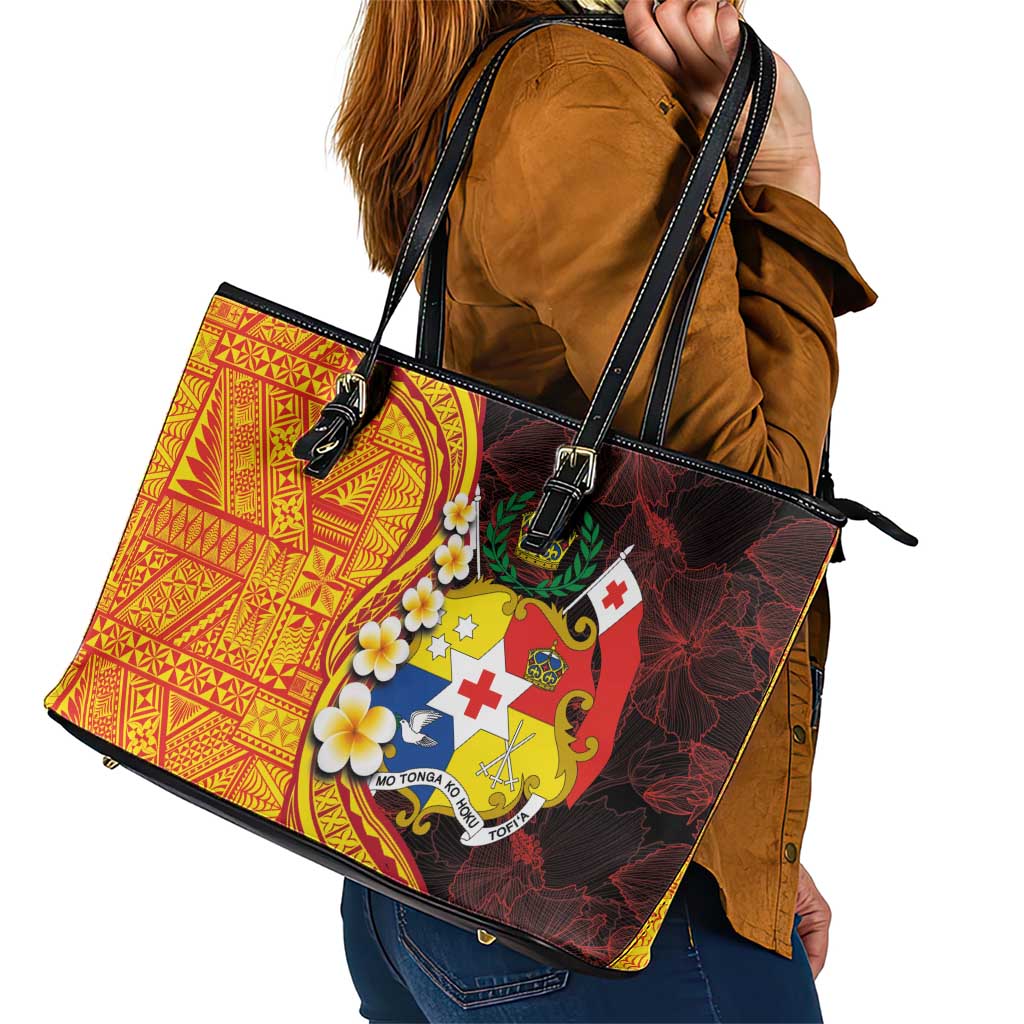 Tonga Culture Leather Tote Bag Ngatu Pattern with Plumeria and Hibiscus LT03 - Polynesian Pride
