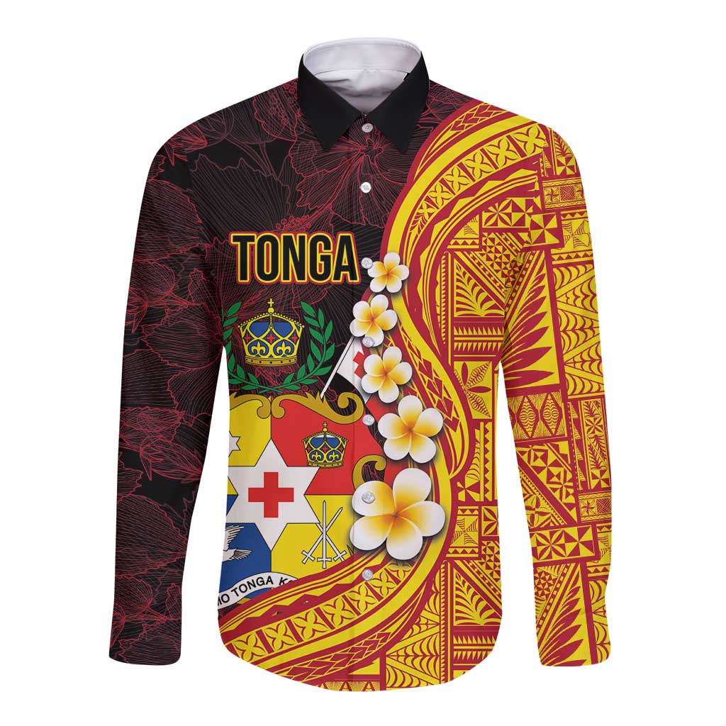 Tonga Culture Long Sleeve Button Shirt Ngatu Pattern with Plumeria and Hibiscus