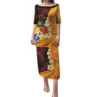 Tonga Culture Puletasi Ngatu Pattern with Plumeria and Hibiscus LT03 Long Dress Black - Polynesian Pride